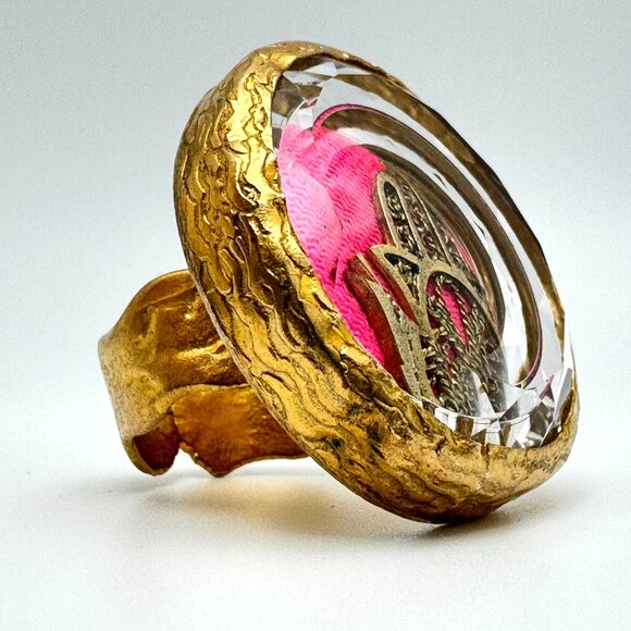 Silver Gold Vermeil Adjustable Hamsa Statement Ring Pink Textile Crystal Accent - Picture 8 of 12